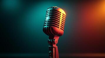 A vintage-style microphone stands on a stage, illuminated by colorful lights in a studio designed for podcasts. This setting provides an inspiring environment for discussions and interviews. photo