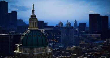 CGI Skyline view from a high vantage point overlooking the city at dusk video