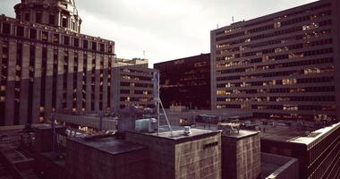 CGI City skyline at dusk showcasing rooftop structures and lighting video