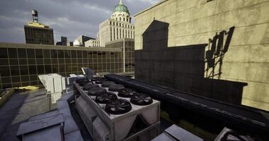 CGI Urban rooftop setting with air conditioning units and cityscape in background video
