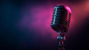 A vintage-style microphone stands against a colorful, illuminated background, symbolizing the rise of artificial intelligence discussions in podcasts. photo