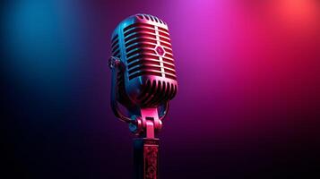 A vintage microphone stands ready on stage, illuminated by colorful lights in shades of purple and blue, creating an inviting atmosphere for lively podcast conversations. photo