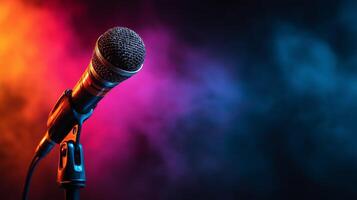 A microphone stands prominently, surrounded by soft, colorful lights and swirling smoke, suggesting an atmosphere of creativity and engagement typical of an ai podcast recording session. photo