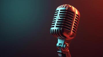A vintage-style microphone stands ready to capture voices in a studio designed for podcasting about artificial intelligence. The backdrop glows in vibrant colors, enhancing the creative atmosphere. photo