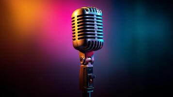 A vintage-style microphone stands ready for broadcast in a dimly lit studio, illuminated by colorful light. The atmosphere hints at an engaging podcast discussion in progress. photo