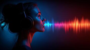 A woman wearing headphones engages with audio content while recording for a podcast. photo