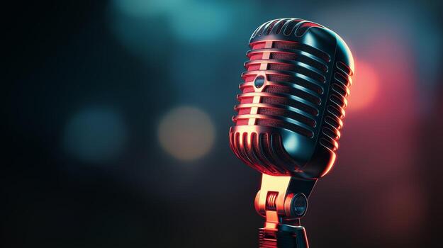 In a studio setting, a classic microphone stands ready to capture voices discussing the intersection of artificial intelligence and podcasting. The atmosphere is vibrant and tech-focused. photo