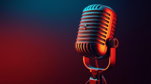 A vintage-style microphone stands prominently, set against a gradient backdrop of deep blue and red, symbolizing the dynamic nature of podcasting focused on AI topics. photo