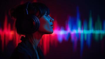 A woman wears large headphones while engaged in a podcast recording. Colorful sound waves emerge behind her, reflecting her deep connection to the audio experience in a modern setting. photo