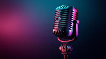 A vintage-style microphone stands tall, glowing with vibrant hues of pink and blue. This setup is perfect for an engaging podcast episode focused on artificial intelligence and technology discussions. photo