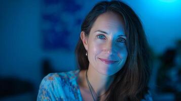 The podcast host shares insights on AI while sitting in a warmly lit studio at night. The atmosphere is inviting and focuses on engaging conversation amidst soft blue lighting. photo