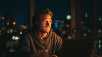 A man sits in a high-rise studio wearing headphones, focused on recording a podcast at night. The city lights illuminate the background, creating an inspiring atmosphere for creativity. photo