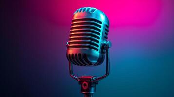 A vintage-style microphone stands prominently, surrounded by vibrant pink and blue lighting, setting an inviting atmosphere for engaging podcast discussions and creative audio production. photo