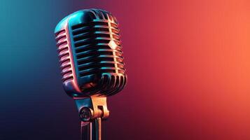 A classic microphone stands ready for a podcast recording with a focus on artificial intelligence. The vibrant lighting in shades of red and blue sets a dynamic atmosphere for engaging discussions. photo