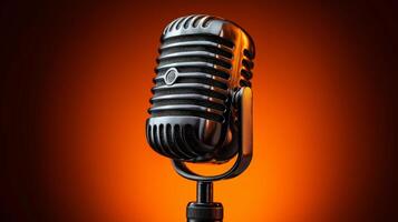 In a well-lit podcast studio, a vintage microphone stands on a sturdy base against a warm orange backdrop. The setting emphasizes the art of storytelling and audio production. photo