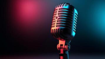 A classic microphone stands prominently in a studio, illuminated by blue and red lights, creating an inviting atmosphere for discussions about artificial intelligence and podcasting. photo