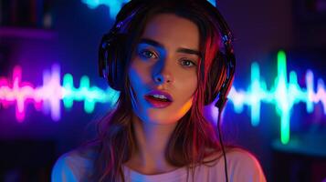 A young woman is engaged in a podcast recording focused on artificial intelligence. She wears headphones and is surrounded by colorful lighting, enhancing the artistic atmosphere of the space. photo