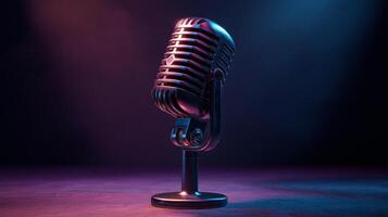 A vintage microphone stands prominently on a sleek stand, illuminated by purple and blue light. This setup creates an inviting atmosphere for a compelling podcast recording session. photo