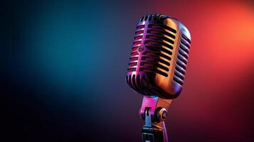 A retro microphone is positioned prominently in the foreground, set against a colorful gradient background. The scene captures the essence of podcasting and audio recording in a creative environment. photo