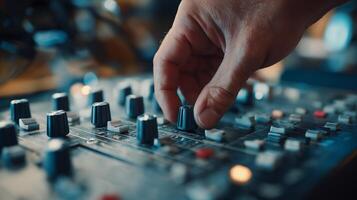 A hand is seen manipulating the controls on an audio mixer, preparing for a podcast session. The studio is filled with equipment and recording devices, enhancing the creative atmosphere. photo