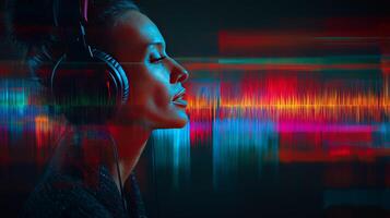 A podcast host wearing headphones appears deeply focused, experiencing a sound wave visualization. The vibrant colors create an energetic atmosphere during the recording. photo