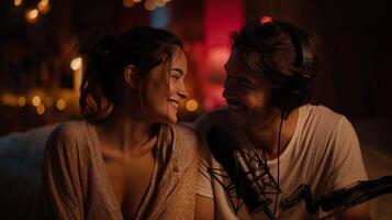 A couple shares smiles while recording an ai podcast in a warm, dimly lit space filled with soft lights. Their connection is evident as they enjoy the moment together. photo
