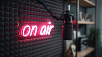 In an inviting podcast studio, a microphone is positioned next to a vibrant on air sign. The backdrop is stylish with textured walls, creating a professional atmosphere for recording sessions. photo