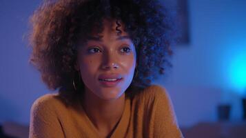 A lively discussion on AI takes place during a late-night podcast recording. The host, illuminated by blue lighting, shares insights with enthusiasm and confidence, fostering an engaging atmosphere. photo