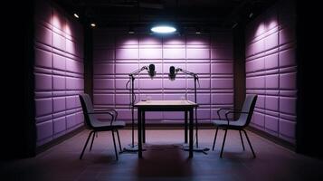 A podcast recording studio features two microphones positioned on a table under focused lighting. photo