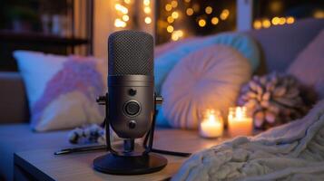 A well-arranged space showcases a microphone set for podcasting. Soft decorations, candles, and warm lighting create a cozy atmosphere perfect for discussion. photo