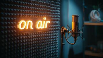 A lively podcast studio with a classic microphone and glowing on-air sign creates an inviting space for discussions, showcasing creativity and passion. photo