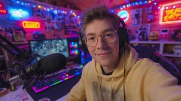 A young host smiles while seated at a desk adorned with gaming equipment and colorful lights. The environment is lively, indicating a podcast recording with an immersive atmosphere. photo
