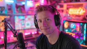 A podcast host enjoys a lively recording session in a brightly lit studio filled with colorful LED lights. The atmosphere is energetic as he interacts with listeners through his mic and headphones. photo