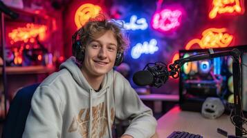A young podcaster in a cozy studio setup shares insights on artificial intelligence while wearing headphones. Colorful neon lights add a creative flair to the workspace. photo