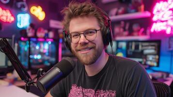 A person wearing headphones smiles while speaking into a microphone in a colorful podcast studio. Bright neon lights illuminate the space, enhancing the lively atmosphere for an engaging conversation. photo