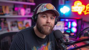 A podcast host wearing headphones and a colorful cap talks about AI in a vibrant studio filled with creative decor and neon lights. The atmosphere is energetic and focused on technology discussions. photo