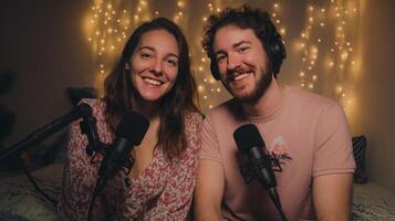 Two podcast hosts are smiling and sitting side by side in a decorated room, discussing artificial intelligence. The warm ambiance is enhanced by string lights in the background. photo