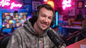Podcast host engages with the audience while discussing artificial intelligence, surrounded by colorful studio lights and equipped with headphones. The atmosphere is lively and creative. photo