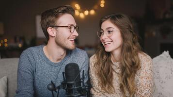 Two hosts share a lively conversation about artificial intelligence in a relaxed atmosphere, surrounded by soft lighting and decorative elements, creating an inviting ambiance for listeners. photo