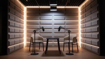 A sleek podcast studio with two microphones set up for recording, surrounded by stylish lighting. photo