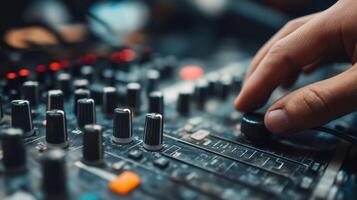 A person adjusts audio levels on a mixing console in a recording studio. The atmosphere is vibrant, showcasing the intricate equipment involved in podcast production. photo