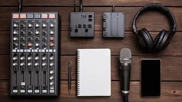 Microphone, mixer, headphones, and notebook are arranged on a wooden surface, indicating preparations for a podcast. The equipment highlights the blend of technology and creativity for audio content. photo