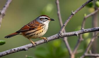 A brilliantly patterned Cactus Wren perches on a branch in the south Texas scrub country as it forag. photo