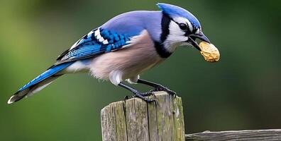 A Blue Jay snaps up a peanut from atop a fence post4 photo