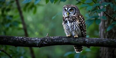 beautiful bird photograph of Spotted forest pearl-spotted little cute elf owlet owl predator big eyes plumage perched tree branch jungle sanctuary wildlife avian life staring sharp beak bill india photo