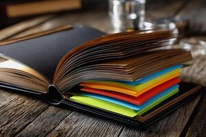 Notebook with colorful sticky tabs for organization and study photo