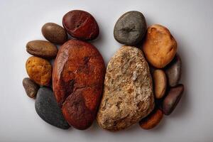 Pebble figures of father and child on plain background photo
