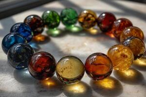 Translucent spheres create rainbow shadows in spiral arrangement photo