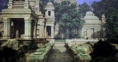 CGI Historic temple ruins surrounded by lush greenery in a serene landscape video