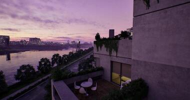 CGI Stunning riverside view at dusk from a modern balcony with lush greenery video